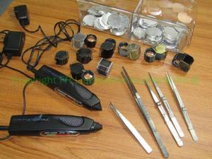lot 158 image: Presidium multi testers, loupes and locking gemstonediamond tweezers, jewelry repair identificationtracking hang tags