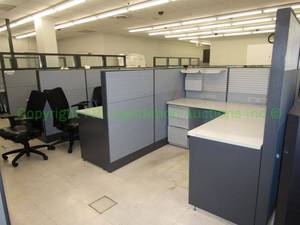 lot 163 image: Multiple Modular desk unit. Includes partition walls, base cabinets, desk and hanging item (chairs, contents not included)