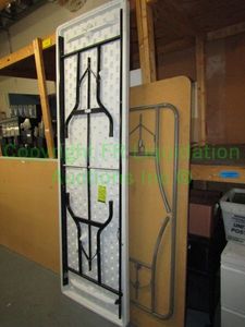 lot 195 image: 2 portable folding tables (1 is Lifetime) and 2 sided rack