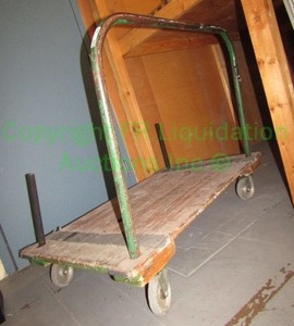 lot 200 image: Heavy duty wheeled moving cart with removable side rail and stoppers, 48x24