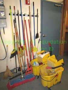lot 210 image: Janitorial and maintenance equipment and supplies as shown. Includes wall organizer (buyer to remove)