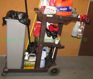 lot 212 image: Rubbermaid janitorial maintenance cart and contents
