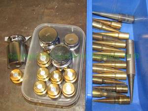 lot 229 image: Electronic scale weights and measures and bin of brass polishing station bits