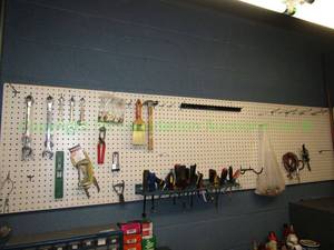 lot 232 image: Pegboard tool organizer with tools as shown (Buyer to remove pegboard if desired, please bring help)