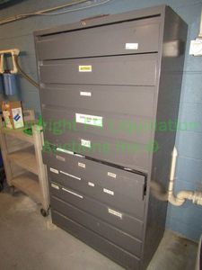 lot 239 image: Metal storage cabinet with divided drawers and contents, 60x36x12 in