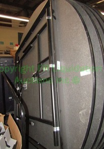 lot 399 image: (5) AmTab folding round tables Made in USA Includes storage transport carrier, 6 ft round