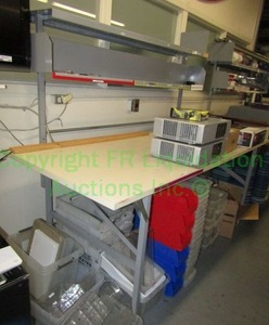 lot 332 image: Metal workstation with upper shelves and drawer, 2x8x3 ft. (Contents not included) Buyer to remove. Please bring assistance