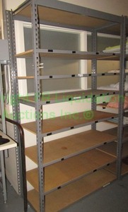 lot 317 image: Adjustable metal shelf unit with 8 wood shelves, 7x4x1 ft