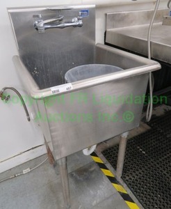 lot 487 image: Terrell Stainless steel sink unit with faucet and legs, 36x12x12 in. Buyer to remove Please bring assistance
