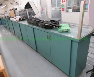 lot 604 image: Laminate storage cabinets with plexiglass safety guard, 27ft long (Contents not included)