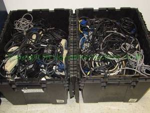 lot 203 image: Assorted cables, power, internet, phone cords, chargers plus Bins included