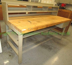 lot 693 image: Solid maple butcher block top metal base and back shelf utility table