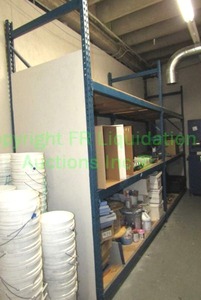 lot 428 image: Warehouse pallet racking system with wood shelves 8ft x 10ft x 3.5ft. Buyer to dismantle and remove. Please bring assistance Contents not included