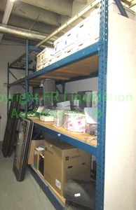 lot 418 image: Pallet racking system with wood shelves 8ft x 3.5ft. x 10ft, Buyer to dismantle and remove. Please bring assistance Contents not included