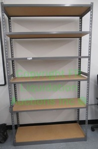 lot 659 image: Metal frame wood shelf utility shelving unit 48 x 12 x 84
