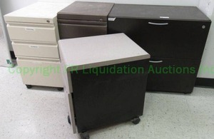 lot 440 image: 2 drawer lateral file cabinet plus 3 rolling storage cabinets and contents