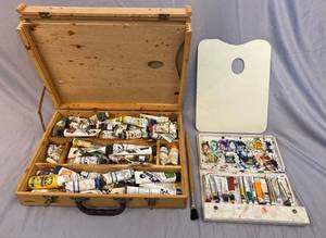 lot 40 image: wooden box with various art paints
