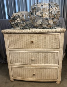 lot 97 image: 3 drawer wicker chest of drawers & 3 pieces of yard art