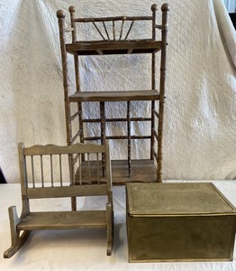 lot 156 image: wooden rocking chair, shelf and storage box