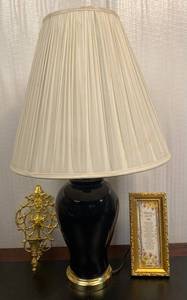 lot 178 image: black lamp with gold trim, wall hjanging candle holder & gold picture frame