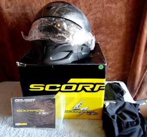 lot 159 image: Scorpion EXO Covert Helmet - Black w Grunge Design - Size XXL - appears NIB $$$