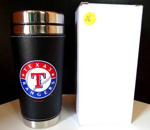 lot 16 image: TEXAS RANGERS - BEAUTIFUL LEATHER COVERED STAINLESS BEVERAGE TUMBLER - NIB