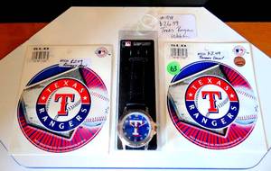 lot 63 image: TEXAS RANGERS - OFFICIAL LEATHER BAND MENS WATCH (NIP) AND 2 LOGO STICKERS