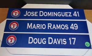 lot 92 image: TEXAS RANGERS OFFICIAL SPRING TRAINING PLAYER LOCKER NAME PLATES - DOMINGUEZ, RAMOS, & DAVIS