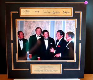 lot 99 image: CALIFORNIANS FOR REAGAN CUSTOM WALL DISPLAY FEATURING FRANK SINATRA, BOB HOPE, DEAN MARTIN & JOHN WAYNE - FACSIMILE SIGNATURE PLATES - READY TO FRAME - 19 X19