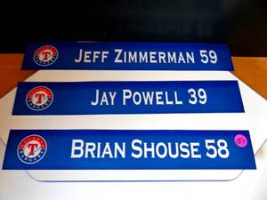 lot 157 image: TEXAS RANGERS - AUTHENTIC SPRING TRAINING PLAYER LOCKER NAME PLATES - ZIMMERMAN, POWELL, & SHOUSE