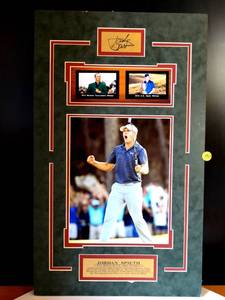 lot 196 image: PGA CHAMPION - JORDAN SPIETH CUSTOM WALL DISPLAY W METAL BIO & FACSIMILE SIGNATURE - READY TO FRAME MEASURES 13 X 22
