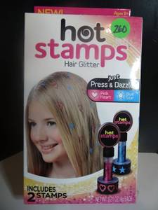 lot 260 image: HOT STAMPS HAIR GLITTER Press & Dazzle PINK & BLUE Hearts Stars As Seen On TV