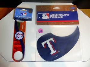 lot 262 image: TEXAS RANGERS GUITAR PICKGUARD & FULL WRAP BOTTLE OPENER