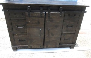 lot 22 image: Double Sliding Barn Doors- Cabinet  T.V Stand With 6-Drawers, And 3- Shelves