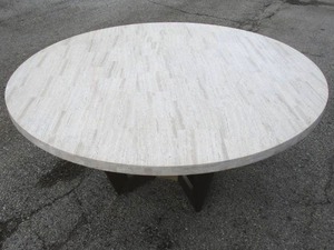 lot 29 image: 60-Rd x 32-High, Italian Travertine Marble Top Table, With Gold Tone Metal Legs, Model TRA-60TOP