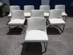 lot 7 image: 8-Century Furniture Co.,  White Leather Dining Room Chairs With Gold Tone Metal Legs