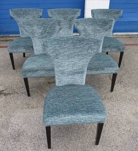 lot 8 image: 6- AMP-Blue Tweed Pattern Material, Wingback Dining Room Chairs, With Wooden Legs