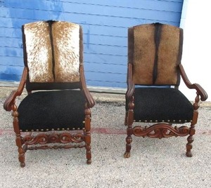 lot 49 image: 2-Vintage -Cow Hide Back- Arm Chairs
