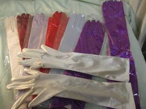lot 73 image: NIP -6-Pair,15 Long, And 1-20 Long Wedding, Opera, Party,  Satin Like Gloves, Adult Size,  Stretchy, One Size Fits Most