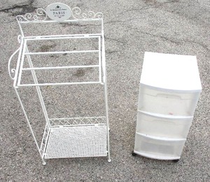 lot 54 image: Sterlite 3-Drawer Caddy on Casters, About 13 x 15 x 25-H  And Folding Display Rack, About 18 x 13 x 39-H