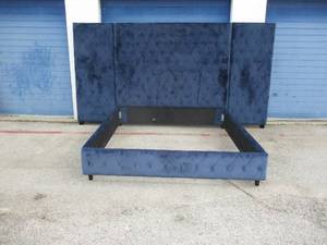 lot 75 image: LARGE-Blue Suede Cloth Bed Frame, Head Board With Panel Wings On Both Sides, Side Rails And Foot Board