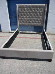 lot 79 image: Queen Size Suede CreamGray Cloth Bed Frame, Head Board, Side Rails And Foot Board