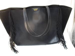 lot 109 image: Vintage- Victorias Secret, Large- Black Suede Leather Hobo Bag With Leather Fringe On Both Sides