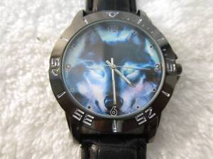 lot 140 image: NEW-Watch, Luminous Wolf Cool Blue Flame Custom Fashion, With Black Leather Band, Stainless Steel Watch.