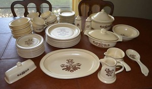 lot 35 image: Village Pfaltzgraff Dining Set Casserole Serving Dishes with Lids, Gravy Boat, Creamer and More