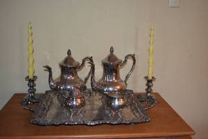 lot 2 image: Tea and Coffee Serving Tray Set, No Markings, Looks like Copper with Silver Plate
