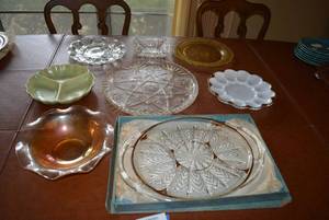 lot 14 image: Gold Trim Serving Plates, Irridescent Carnival Glass Bowl, and More