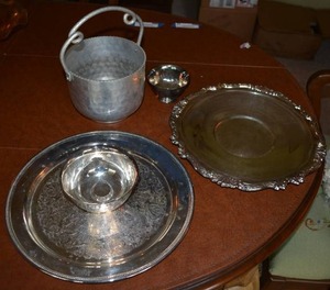 lot 15 image: Silver-Plate Trays (One marked Sheridan) and Aluminum Ice Bucket