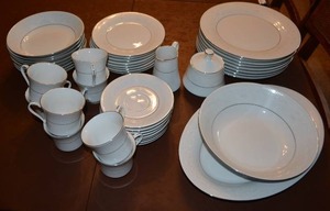 lot 21 image: The Regent Collection CROWN MING China Dish Set with White Lace Design and Silver Trim