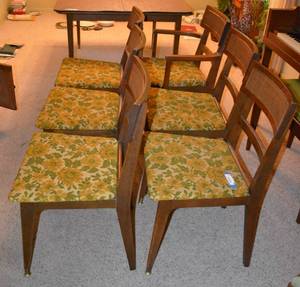 lot 7 image: Set o 6 Mid-Century Dining Chairs,  Curved Cane Back, 1 Chair has Arms